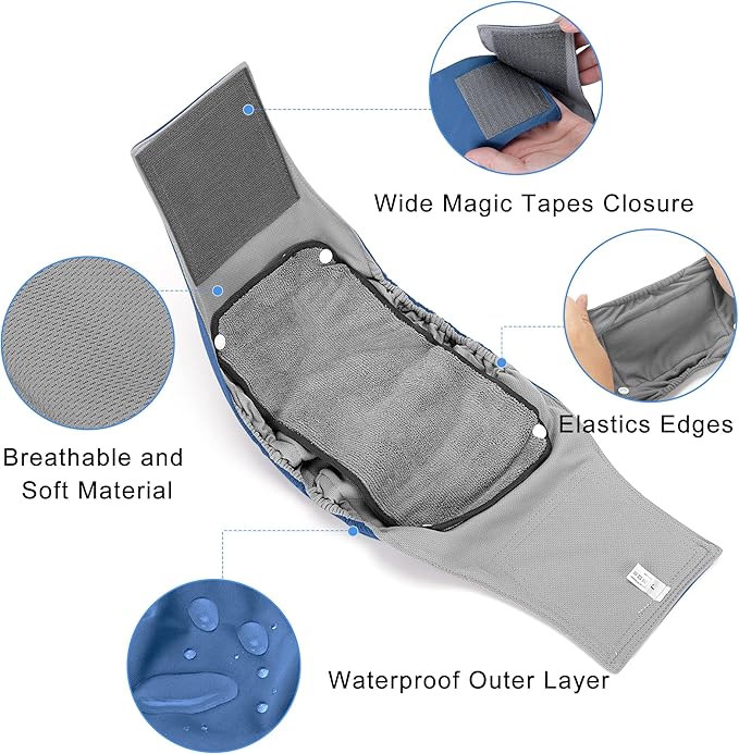 Teamoy Belly Bands for Male Dogs with Removable Pads, Reusable Washable Puppy Dog Diaper Wraps with Gray Lining(Pack of 3),L1