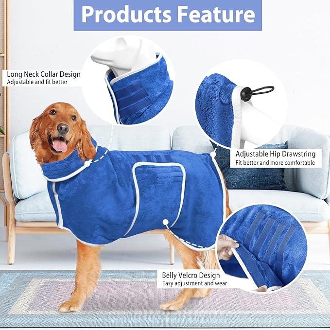 Dog Bathrobe Towel Dog Drying Coat - Super Absorbent Towels Bath Robe for Dogs Large, Soft Adjustable Collar & Belly Strap Fast Drying Coat Pet Cat Bath Robe (Medium Blue‌, 3X-Large)