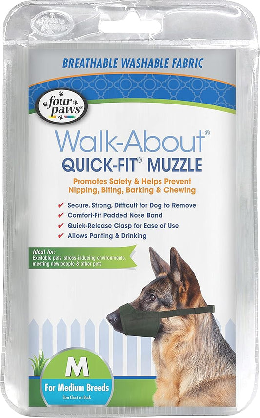 Four Paws Walk-About Quick-Fit Adjustable Dog Muzzle for Medium Dogs, Washable & Breathable, Black, 1 Count