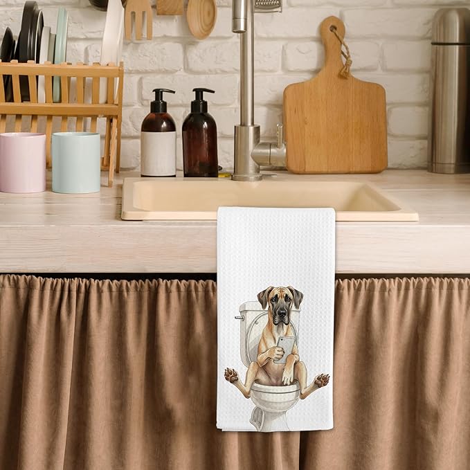 Funny Great Dane Gifts Hand Towels for Bathroom Decor, Great Dane Dog Themed Dish Tea Towels, Funny Dog Looking at Phone Hand Towel for Toilet Kitchen Washroom Decor, 16x24 Inch