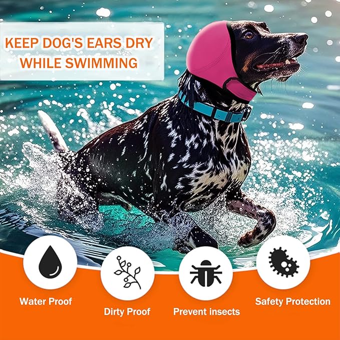 BAMY Swimming Waterproof Dog Ear Caps, Calming Large Dog Ears Cover, Pet Shower Muffs for Ear Protection for Bath for Grooming (Pink, L (Size L: Head Circumference 18"-24"))