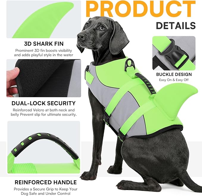 Queenmore Dog Life Jacket Ripstop Shark Dog Safety Vest Adjustable Preserver with High Buoyancy and Durable Rescue Handle for Small,Medium,Large Dogs, Green Shark X-Large