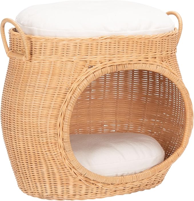 SAFAVIEH Home Collection Faati Honey Brown Rattan Pet Cat Bed with White Cushion, Ideal for Living Room, Bedroom, Entryway (Fully Assembled)