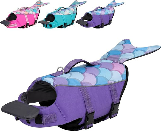 cyeollo Dog Life Jacket Reflective Mermaid Life Vest for Swimming Boating, High Buoyancy Pet Preserver Lightweight Small Dog Lifejackets with Front Float, Purple XS