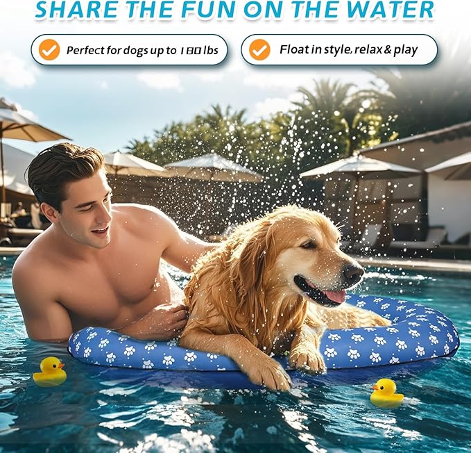 Inflatable Dog Float for Large Dogs, Up to 180 Lbs, Foldable & Puncture-Resistant Doggy Float for Pool, Portable Dog Float Bed Pet Swimming Accessory, Pet-Friendly Outdoor Fun, Blue