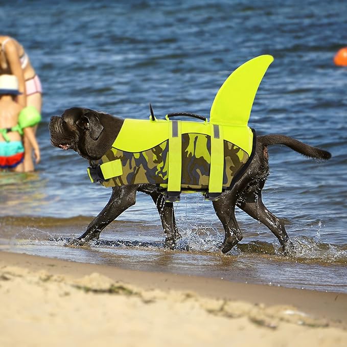 Queenmore Dog Life Jacket - Adjustable Reflective Camouflage XL Shark Life Vest for Swimming with Rescue Handle