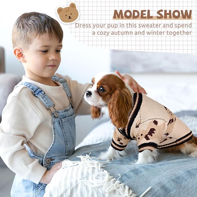 Small Dog Sweaters Cute Bear Knitted Dog Cardigans Clothes for Small Medium Dogs Soft Pet Puppy Cat Knitting Outfits Fall Winter Warm Boy Girl Dogs Knitwear Coat Apparel(Beige, Small)