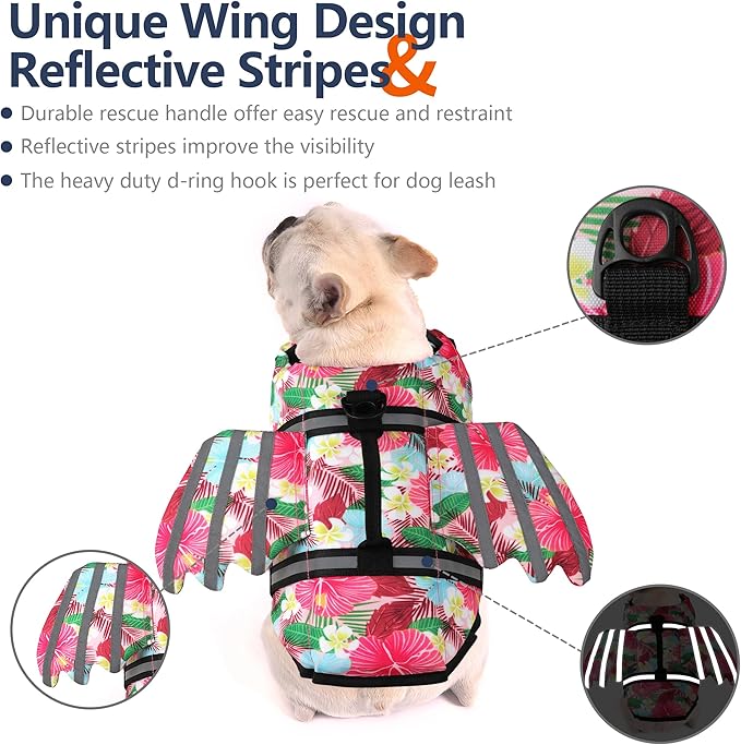 Dog Life Jacket, Wings Pet Life Vest for Swimming Boating Reflective Dog Flotation Swim Vest with Handle and Chin Float for Small Medium Large Size Dogs, XL, Floral Pink