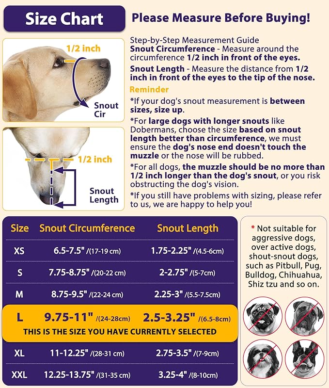 LUCKYPAW Dog Muzzle, Patented Mesh Muzzle for Large Medium Small Dogs Allows Full Pant Drinking Mouth Cover to Prevent Biting Chewing Scavenging Adjustable Breathable Mouth Guard(L, Purple)