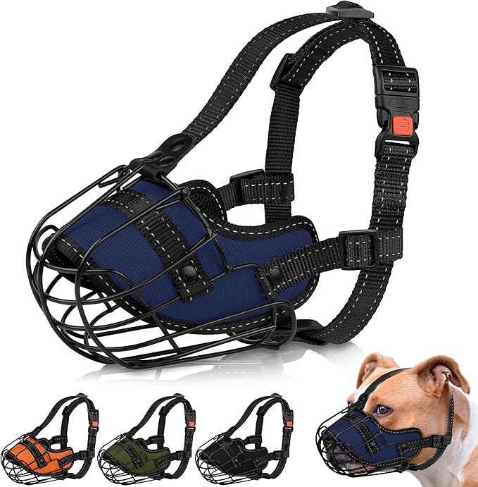 OOPSDOGGY Pitbull Dog Muzzle Reflective Metal Mask Secure Wire Basket Muzzles for Large Sized Dogs Amstaff Soft Cage to Prevent Biting Chewing with Adjustable Nylon Straps (Blue, Pitbull)