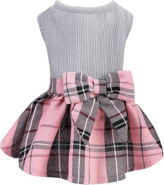 PUPTECK Classic Plaid Dog Dress Pet Apparel with Cute Bowtie Puppy Clothes Outfit,Grey,XS