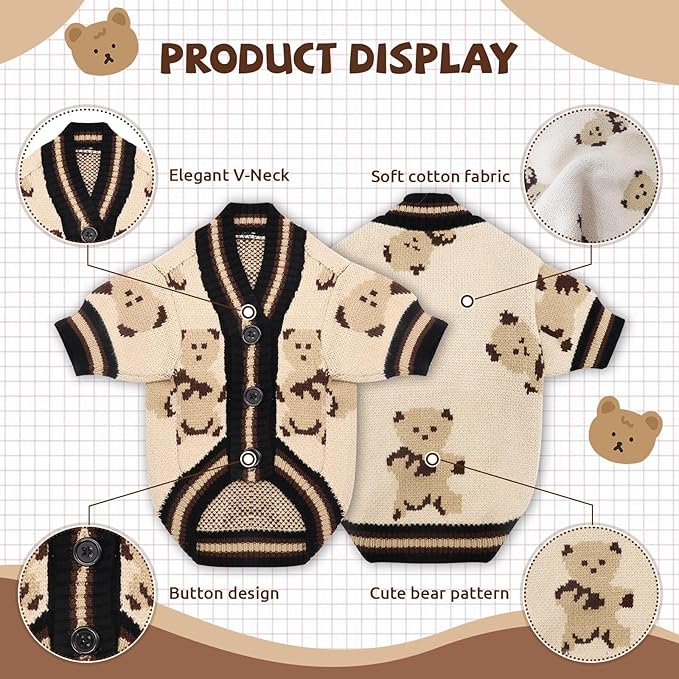 Small Dog Sweaters Cute Bear Knitted Dog Cardigans Clothes for Small Medium Dogs Soft Pet Puppy Cat Knitting Outfits Fall Winter Warm Boy Girl Dogs Knitwear Coat Apparel(Beige, Small)