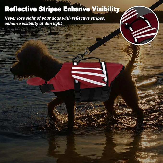 Dog Life Jacket, Cute Wings Adjustable Dog Life Vest with Chin Float and Handle for Swimming Boating Reflective High Buoyancy Swim Float Vest for Small Medium Large Dogs (Red, M)