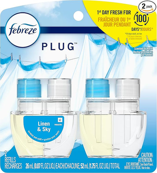 Febreze Plug In, Air Freshener, Scented Oil Refill, Linen & Sky, 0.87 Fl Oz (Pack of 2)