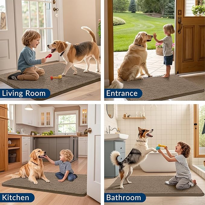 Smiry Dog Door Mat for Muddy Paws 70x24, Absorbs Moisture and Dirt Doormat, Non-Slip Washable Quick Dry Chenille Front Door Mat Indoor Entrance, Entryway Carpet for Inside Floor, Camel