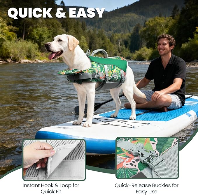 VIVAGLORY Front Float Dog Life Vest, Dog Life Jacket for Swimming & Boating, Swimming Vest with Chin Float & Handle, Ripstop & Buoyancy for Puppy Doggy, XL, Floral