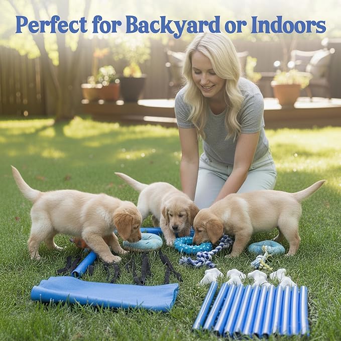 Race&Herd Puppy Play Gym, Dog Play Mat, 8 Bungee Straps Interactive Puppy Active Toys - Small Dog Jungle Gym 19.5" Frame with Playground Set Indoor Enrichment Activity Center (Yellow)