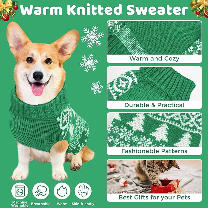 Christmas Dog Sweaters for Small Medium Large Dogs and Cats,Pet Soft Warm Holiday Outfit Girl & Boy,Pup Winter Clothes Turtleneck Double Knitting Collar for Outdoors Playing (Green，XL)
