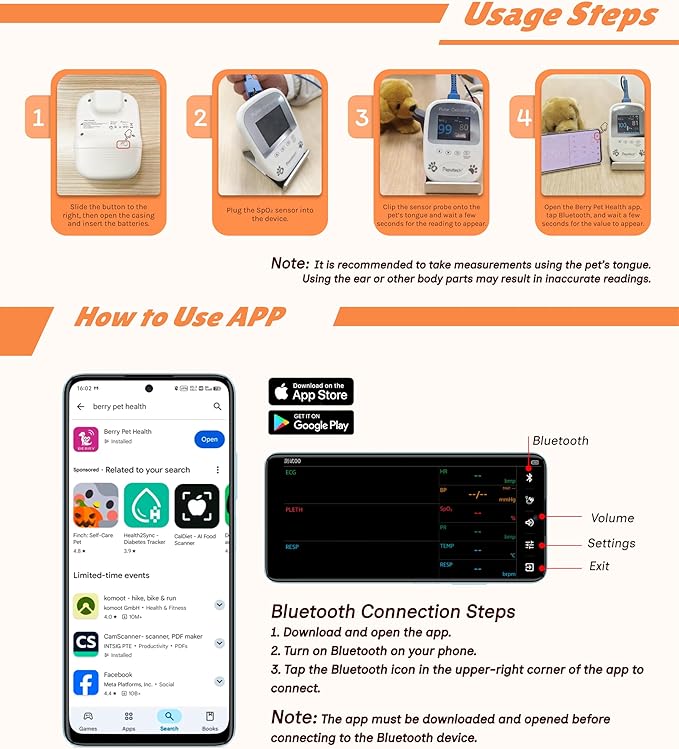 2 Probe Sensor Included -Pepultech Pulse Oximeter for Dogs,Veterinary Blood Oxygen Saturation and Pulse Rate Monitor,Handheld Bluetooth Veterinarian SpO2 Monitor,Accurate Results & Easy to Use