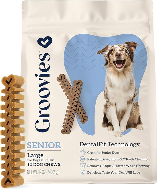 Groovies Gentle & Flexible Senior Dog Dental Chews, Contact-Cleaning Design Supporting Tartar Control & Fresh Breath, Oral Care Treats, USA Manufactured, Patented DentalFit Tech, Large Dogs, 12 Chews