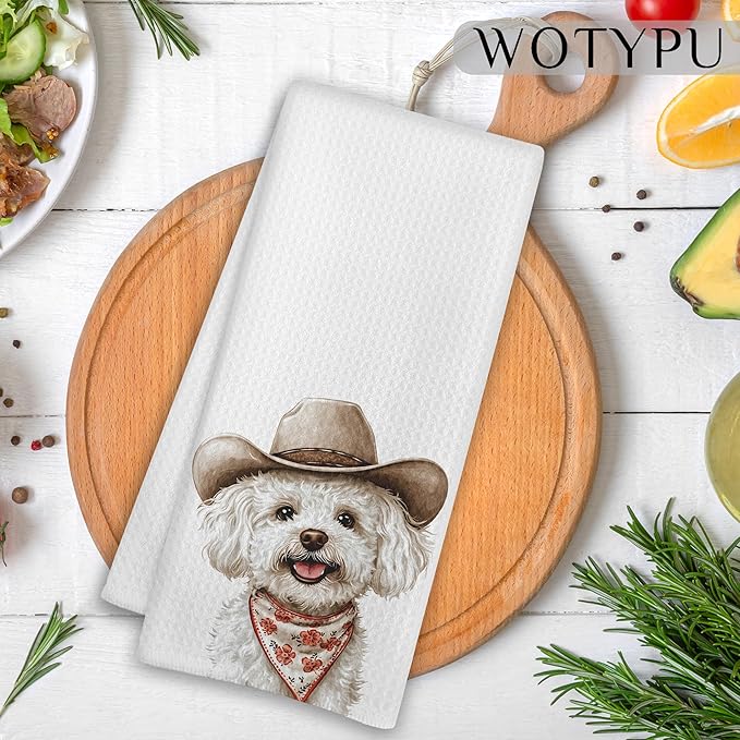 Cowboy Bichon Frise Kitchen Towels, Bichon Frise Gifts for Women Men Dish Tea Towel for Kitchen Decor, Funny Western Dog Hand Towels for Bathroom Decor, Dog Lover Mom Gifts, 16X24 Inch