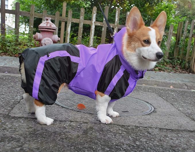Lovelonglong Welsh Corgi Dog Hooded Raincoat, Dachshund Rain Jacket Poncho Waterproof Clothes with Hood Breathable 4 Feet Four Legs Rain Coats for Corgis Dachshund Purple D-S