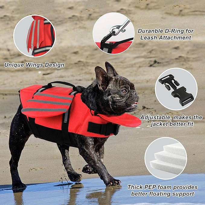 Dog Life Jacket, Cute Wings Adjustable Dog Life Vest with Chin Float and Handle for Swimming Boating Reflective High Buoyancy Swim Float Vest for Small Medium Large Dogs (Red, S)