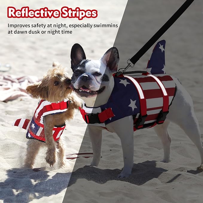 Dogcheer Dog Life Jacket Shark, American Flag Dog Life Vest with Reflective Stripes & Rescue Handle, Adjustable High Buoyancy Puppy Swim Float Vest for Small Medium Large Dogs - USA Flag, L