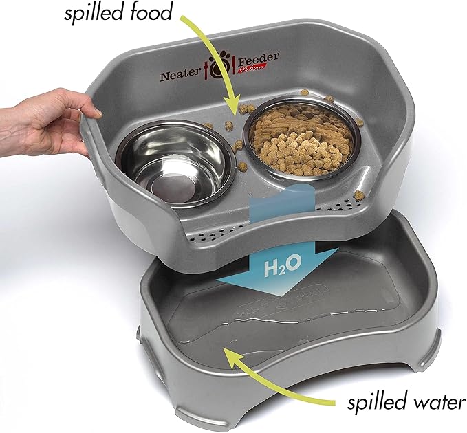 Neater Feeder Deluxe Mess-Proof Elevated Dog Bowls for Large Dogs (40+ lbs), 2 Height Adjustable (14.5” & 17.5”) No-Spill Raised Dog Bowl Stand w/Slow Feed Bowl for Food, Made in USA, Grey
