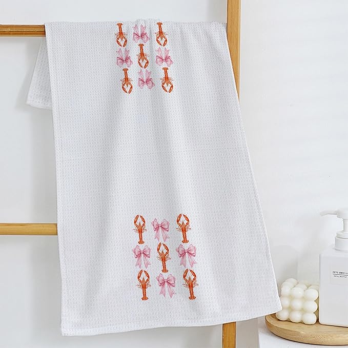 Pink Coquette Bow Crawfish Beach Kitchen Towels, Lobster Lover Gifts Dish Tea Towels for Kitchen, Coastal Nautical Hand Towels for Bathroom, Seafood Boil Party Supplies, 16x24 Inch