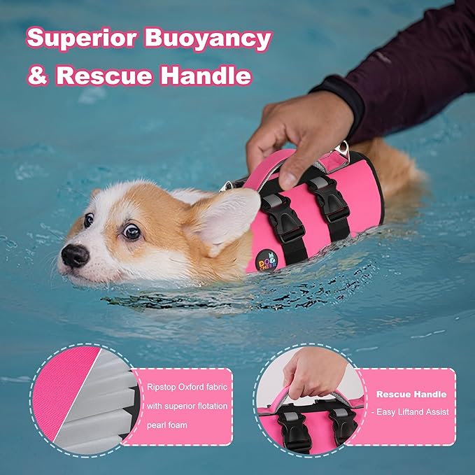 Dogcheer Dog Harness Life Jacket, High Buoyancy Neoprene Dog Life Vest for Swimming Boating, Adjustable Puppy Swim Vest Reflective Pet Float Vest for Small Medium Large Dogs - Pink, M