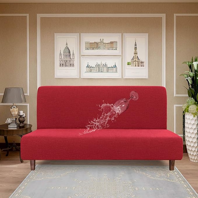 Easy-Going 100% Waterproof Futon Cover, Dual Waterproof Couch Cover for Futon, Stretch Jacquard Sofa Cover, Leakproof Furniture Protector for Kids, Pets, Dog and Cat (Medium, Christmas Red)