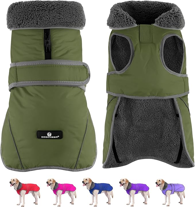 Dogcheer Dog Coat, Waterproof Dog Jacket Reflective Pet Winter Coat with Adjustable Hook & Loop, Christmas Puppy Fleece Jacket Warm Turtleneck Snowsuit for Small Medium Large Dogs - Green, XL