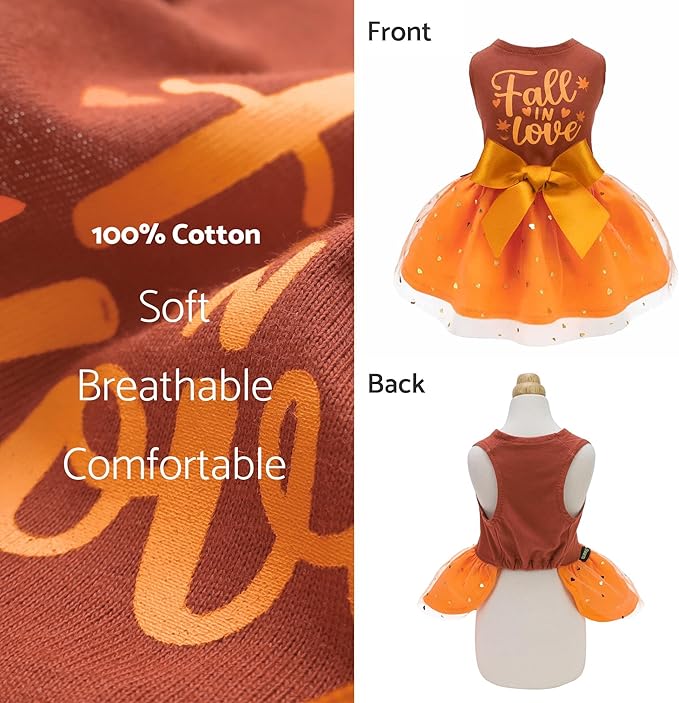 Fitwarm Thanksgiving Fall in Love Dog Dress, Sparkly Dog Clothes for Small Dogs Girl, Holiday Pet Tutu Dress, Cat Outfit, Brown, Orange, Small