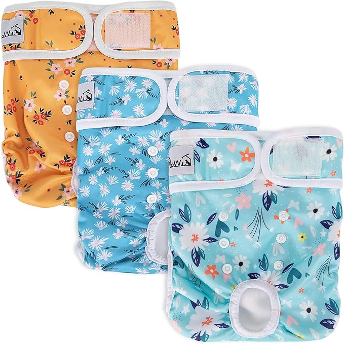 SlowTon Washable Dog Diapers Female - 3 Pack No Leak Reusable Doggie Puppy Diaper with Adjustable Buttons, Comfortable Female Dog Diapers for Heat Cycle Period Small Medium Large Dogs (L)