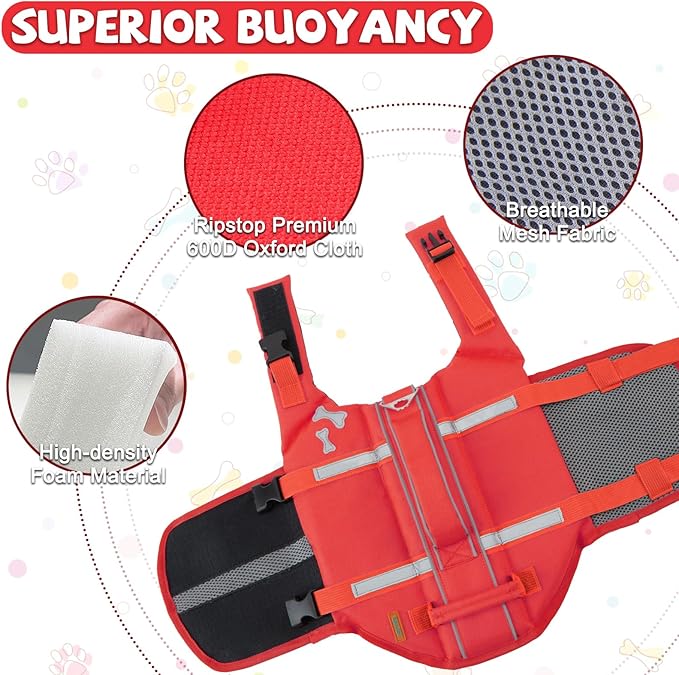 EMUST Dog Life Jacket, Lightweight Dog Life Vests with Rescue Handle for Small Medium and Large Dogs, Pet Safety Swimsuit Preserver for Swimming Pool Beach Boating, 2XL, NewRed