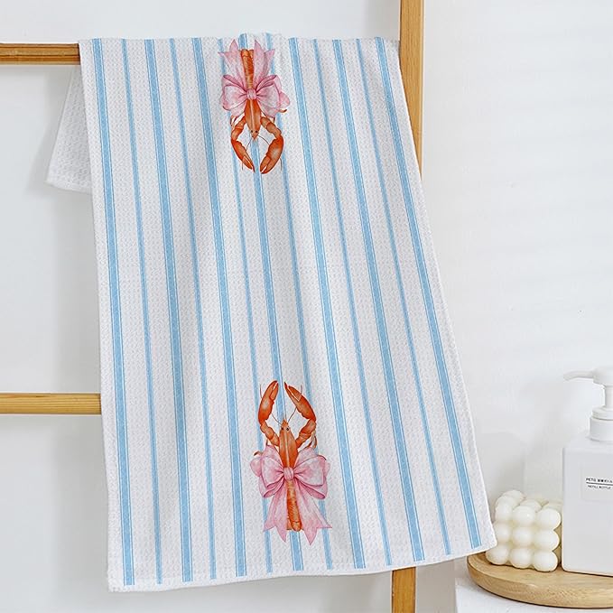 Pink Bow Lobster Coastal Kitchen Towels, Preppy Blue Striped Crawfish Beach Dish Tea Towels for Kitchen Decor, Beach Seafood Hand Towels, Seafood Boil Party Supplies, 16x24 Inch Set of 2