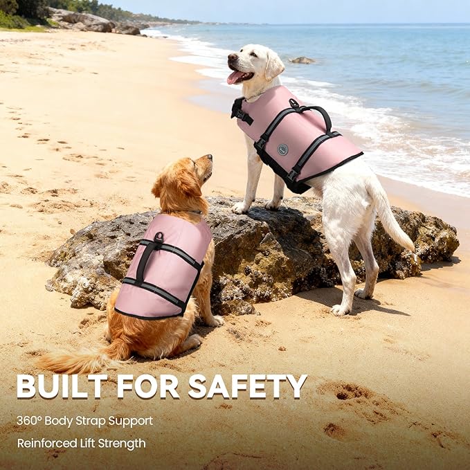 VIVAGLORY Rip Stop Dog Life Vest, Swimming Vest with Handle, Buoyancy for Doggy Puppy, Dog Life Jacket for Swimming & Boating, L, Sakura Pink