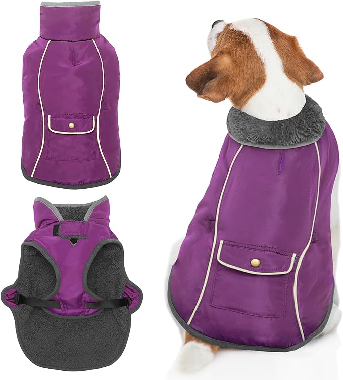 Dog Winter Coat - Warm Dog Clothes for Rain Snow Wind Cold Weather - Reflective Purple Adjustable Windproof Pet Vest Jacket with Leash Hole for Small Medium Large Dogs Indoor Outdoor