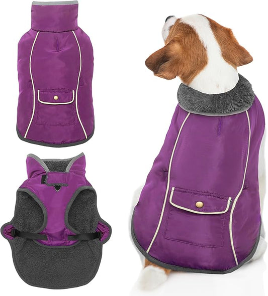 Dog Winter Coat - Warm Dog Clothes for Rain Snow Wind Cold Weather - Reflective Purple Adjustable Windproof Pet Vest Jacket with Leash Hole for Small Medium Large Dogs Indoor Outdoor