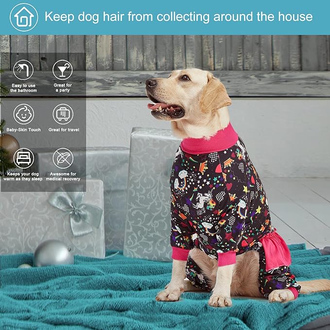 LovinPet Large Breed Dog Pajamas, Wound Care/Post Surgery Recovery Shirt for Large Dogs, Unicorn and Rainbow Black Print, Stop Shedding for Dogs, Pitbull Clothes, Bodysuit Dog Jammies, L