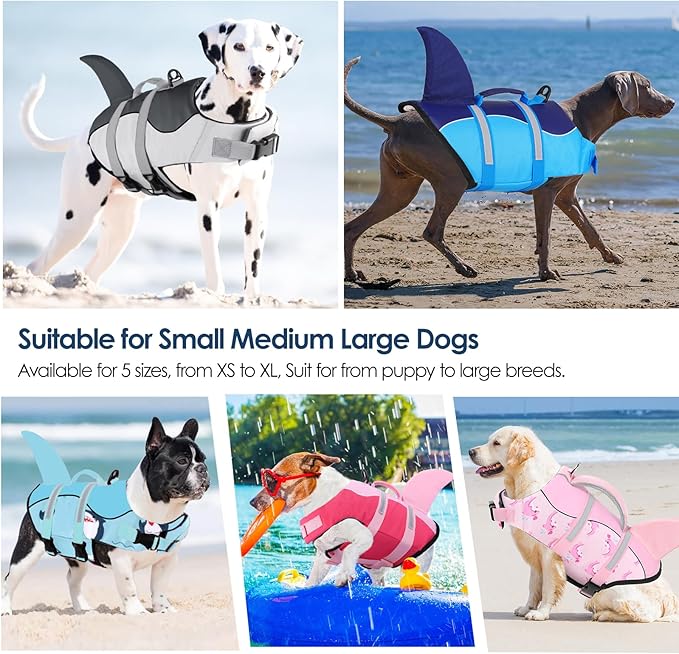 AOFITEE Dog Life Vest, Dog Life Jacket Shark, Reflective Puppy Safety Vest with Superior Buoyancy and Rescue Handle, Adjustable Dogs Swimsuit Float Coat for Small Medium Large Dogs, XS