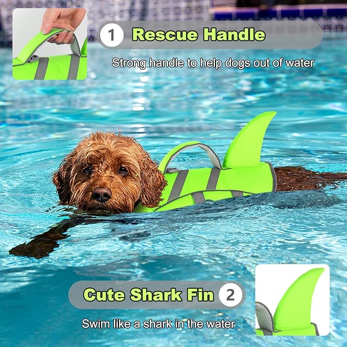 Dogcheer Shark Fin Dog Life Jacket, Adjustable Dog Harness Life Vest for Swimming Boating, Reflective Puppy Swim Vest Pet Flotation Device for Small Medium Large Dogs - Green,XL