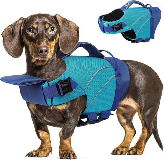 Queenmore Dog Life Jacket with Front Float, Adjustable Ripstop Dog Life Vest for Swimming Boating, Pet Lifesaver with Rescue Handle, Enhanced Buoyancy Cat Pool Float (Blue,L)