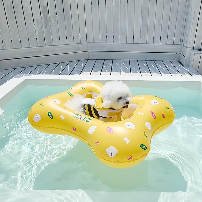Dog Float - Yellow Cute Design Inflatable Rafts for Small Medium Dogs and Puppies - Essential Pet Supplies for Summer Outdoor Water Play Pool Lake River