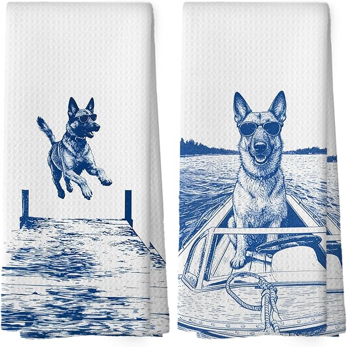 Lake House Decor Belgian Malinois Kitchen Towels Set of 2, Summer Funny Lake Dog Coastal Bathroom Hand Towel, Dog Lover Gifts Tea Towel Dish Towels 16x24 Inch