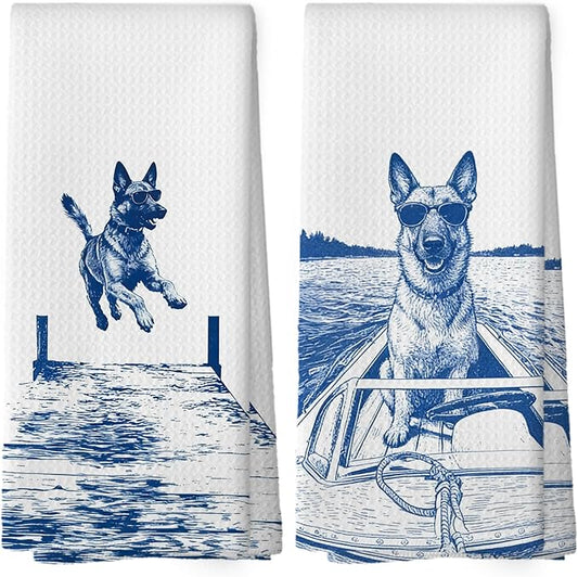 Lake House Decor Belgian Malinois Kitchen Towels Set of 2, Summer Funny Lake Dog Coastal Bathroom Hand Towel, Dog Lover Gifts Tea Towel Dish Towels 16x24 Inch