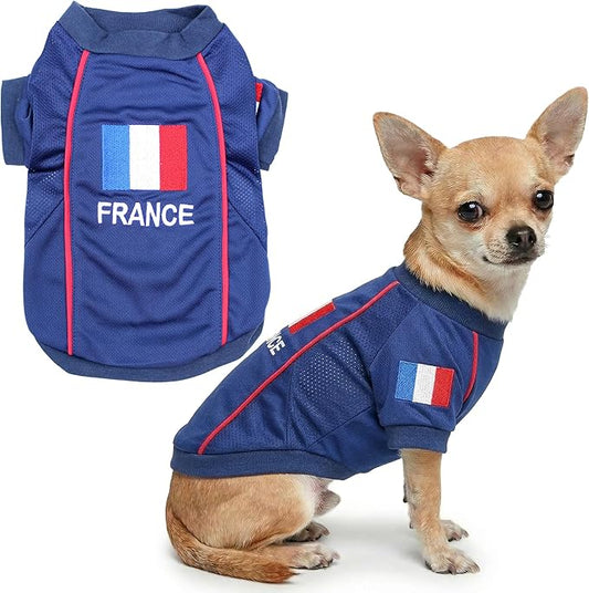 Parisian Pet Team France Dog Jersey - Breathable Mesh Puppy Football Jersey - Lightweight Stretch Sporty Dog Clothes - Summer Shirts for Small Dogs - Soccer Jersey for Dogs - Sportswear Pet Clothes