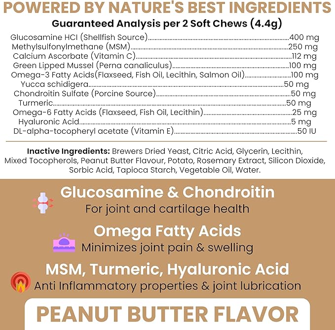 Glucosamine for Dogs Hip and Joint Supplement - 60 Soft Chews for Senior Dogs with Glucosamine, Chondroitin, MSM, and Omegas - For Mobility, Cartilage, and Joint Health - Peanut Butter Flavor