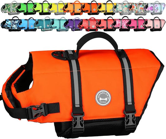 VIVAGLORY Rip Stop Dog Life Vest, Swimming Vest with Handle, Buoyancy for Doggy Puppy, Dog Life Jacket for Swimming & Boating, XS, Bright Orange